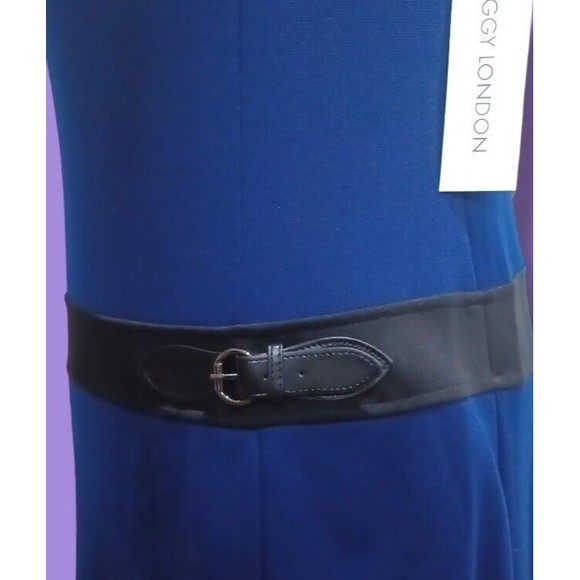 Maggy London Cap Sleeve Womens Size 10 Blue Midi Dress Built-In Black Belt NEW - Picture 6 of 10